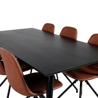 Venture Home Dipp Matbord - 180*90cm - Svart fanér / helt svarta ben - Polar Matstol med Spin funktion - svarta Ben - Brun PU - Vita stygn 6