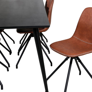 Venture Home Dipp Matbord - 180*90cm - Svart fanér / helt svarta ben - Polar Matstol med Spin funktion - svarta Ben - Brun PU - Vita stygn 6