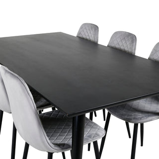 Venture Home Dipp Matbord - 180*90cm - Svart faner / helt svarta ben - Polar Diamond Matstol - Svarta ben - Grå sammet 6