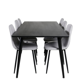 Venture Home Dipp Matbord - 180*90cm - Svart faner / helt svarta ben - Polar Diamond Matstol - Svarta ben - Grå tyg 6