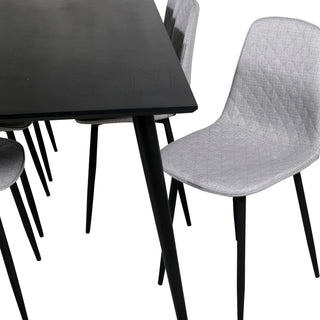 Venture Home Dipp Matbord - 180*90cm - Svart faner / helt svarta ben - Polar Diamond Matstol - Svarta ben - Grå tyg 6