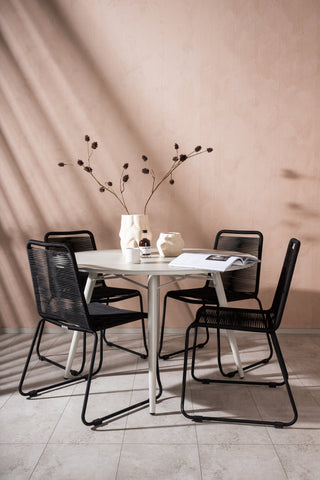 Venture Home Lina Matbord - Beige - Runt 120 cm _1+ Lindos Stapelstol - Svart Alu / Svart rep _4