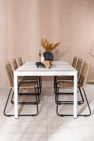 Venture Home Togo - Matbord- Vit / Teak - Allu / Teak - 200*100 _1+ Lindos Stapelstol - Svart Alu / Latte rep _6
