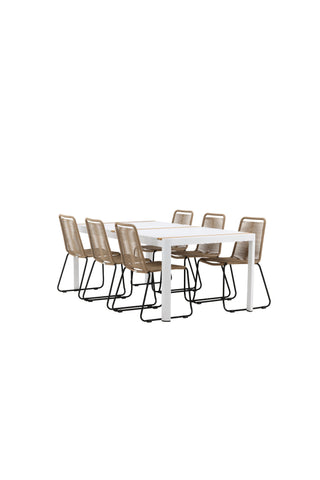 Venture Home Togo - Matbord- Vit / Teak - Allu / Teak - 200*100 _1+ Lindos Stapelstol - Svart Alu / Latte rep _6