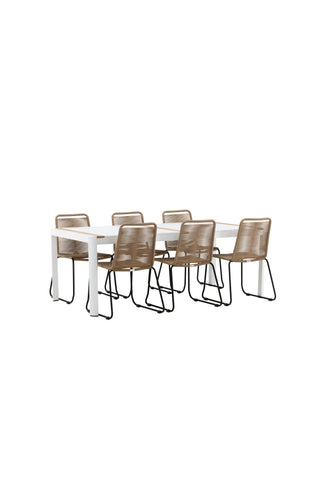 Venture Home Togo - Matbord- Vit / Teak - Allu / Teak - 200*100 _1+ Lindos Stapelstol - Svart Alu / Latte rep _6
