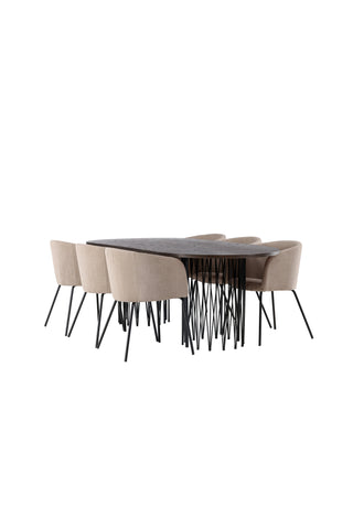 Venture Home Ovalt matbord i sten - Svart / Moccafaner +Berit Stol - Svart / Beige Tyg (polyesterlinne ) _6