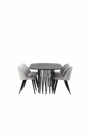 Venture Home Ovalt matbord i sten - Svart / Moccafaner + Polar Matstol - Svarta ben / Beige sammet _6