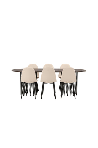 Venture Home Ovalt matbord i sten - Svart / Moccafaner + Polar Matstol - Svarta ben / Beige sammet _6