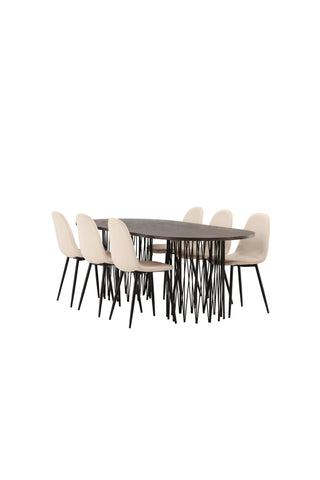 Venture Home Ovalt matbord i sten - Svart / Moccafaner + Polar Matstol - Svarta ben / Beige sammet _6