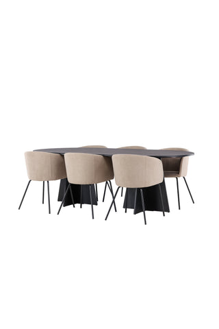 Venture Home Bootcut Ovalt matbord - Svart / Svart Fanéer +Berit Stol - Svart / Beige Tyg (polyesterlinne ) _6