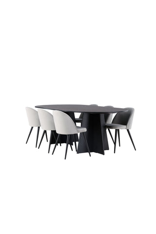Venture Home Bootcut Ovalt matbord - Svart / Svart Fanéer + Matstol i sammet - Ljusgrå / Svart _6