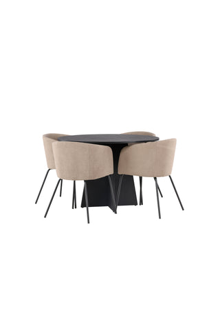 Venture Home Bootcut Runt Matbord - Svart / Svart Fanéer +Berit Stol - Svart / Beige Tyg (polyesterlinne) _4