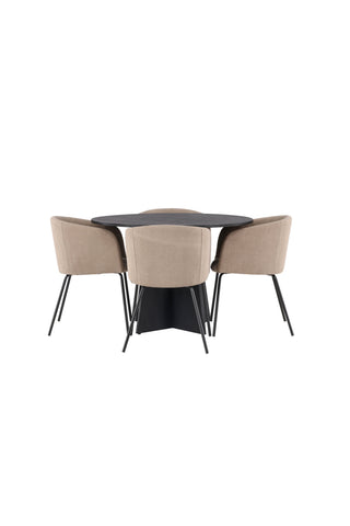 Venture Home Bootcut Runt Matbord - Svart / Svart Fanéer +Berit Stol - Svart / Beige Tyg (polyesterlinne) _4
