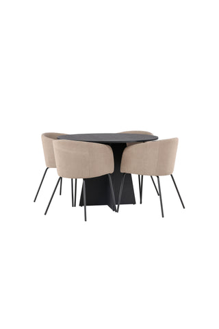 Venture Home Bootcut Runt Matbord - Svart / Svart Fanéer +Berit Stol - Svart / Beige Tyg (polyesterlinne) _4