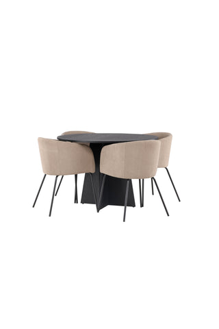 Venture Home Bootcut Runt Matbord - Svart / Svart Fanéer +Berit Stol - Svart / Beige Tyg (polyesterlinne) _4