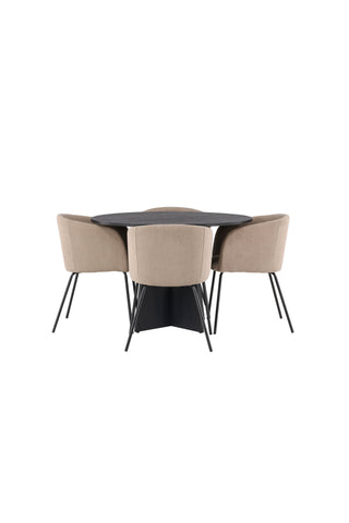 Venture Home Bootcut Runt Matbord - Svart / Svart Fanéer +Berit Stol - Svart / Beige Tyg (polyesterlinne) _4