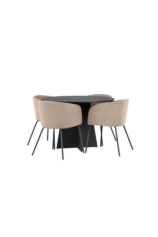 Venture Home Bootcut Runt Matbord - Svart / Svart Fanéer +Berit Stol - Svart / Beige Tyg (polyesterlinne) _4