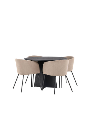 Venture Home Bootcut Runt Matbord - Svart / Svart Fanéer +Berit Stol - Svart / Beige Tyg (polyesterlinne) _4