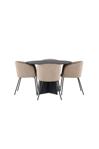 Venture Home Bootcut Runt Matbord - Svart / Svart Fanéer +Berit Stol - Svart / Beige Tyg (polyesterlinne) _4