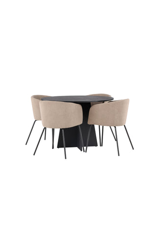Venture Home Bootcut Runt Matbord - Svart / Svart Fanéer +Berit Stol - Svart / Beige Tyg (polyesterlinne) _4