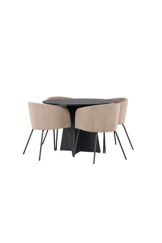 Venture Home Bootcut Runt Matbord - Svart / Svart Fanéer +Berit Stol - Svart / Beige Tyg (polyesterlinne) _4