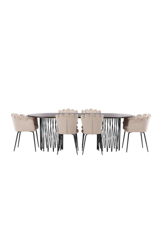 Venture Home Ovalt matbord i sten - Svart / Moccafaner +Limhamn Light Chair_4+ Limhamn Chair - Svart / Beige Sammet _2