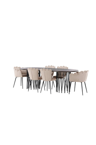 Venture Home Ovalt matbord i sten - Svart / Moccafaner +Limhamn Light Chair_4+ Limhamn Chair - Svart / Beige Sammet _2