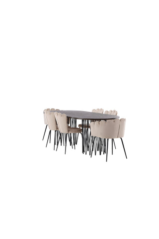 Venture Home Ovalt matbord i sten - Svart / Moccafaner +Limhamn Light Chair_4+ Limhamn Chair - Svart / Beige Sammet _2