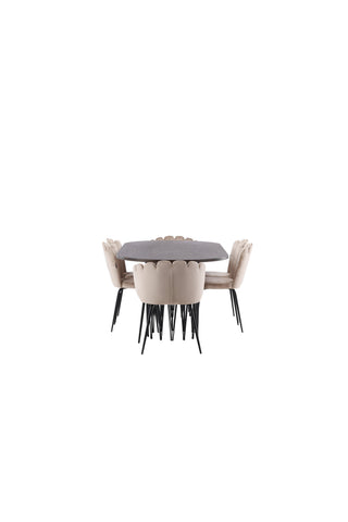 Venture Home Ovalt matbord i sten - Svart / Moccafaner +Limhamn Light Chair_4+ Limhamn Chair - Svart / Beige Sammet _2