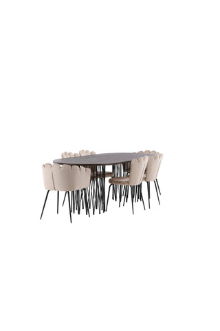 Venture Home Ovalt matbord i sten - Svart / Moccafaner +Limhamn Light Chair_4+ Limhamn Chair - Svart / Beige Sammet _2