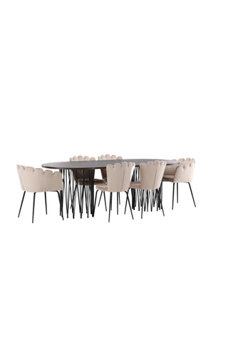 Venture Home Ovalt matbord i sten - Svart / Moccafaner +Limhamn Light Chair_4+ Limhamn Chair - Svart / Beige Sammet _2