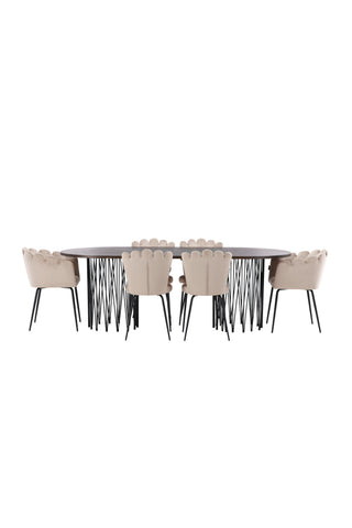 Venture Home Ovalt matbord i sten - Svart / Moccafaner +Limhamn Light Chair_4+ Limhamn Chair - Svart / Beige Sammet _2