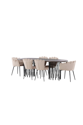 Venture Home Ovalt matbord i sten - Svart / Moccafaner +Limhamn Light Chair_4+ Limhamn Chair - Svart / Beige Sammet _2