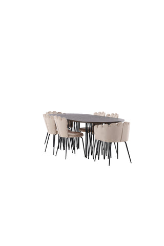 Venture Home Ovalt matbord i sten - Svart / Moccafaner +Limhamn Light Chair_4+ Limhamn Chair - Svart / Beige Sammet _2