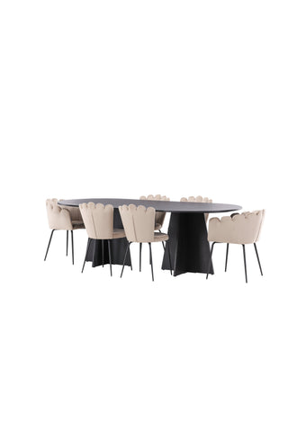 Venture Home Bootcut Ovalt matbord - Svart / Svart Fanéer +Limhamn Light Chair - Svart / Beige sammet _4