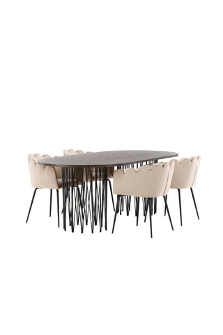 Venture Home Ovalt matbord i sten - Svart / Moccafaner +Limhamn Stol - Svart / Beige sammet _4