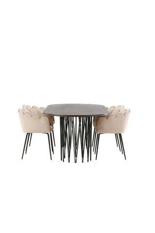 Venture Home Ovalt matbord i sten - Svart / Moccafaner +Limhamn Stol - Svart / Beige sammet _4