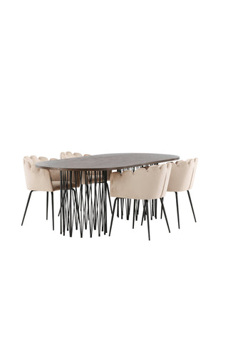 Venture Home Ovalt matbord i sten - Svart / Moccafaner +Limhamn Stol - Svart / Beige sammet _4