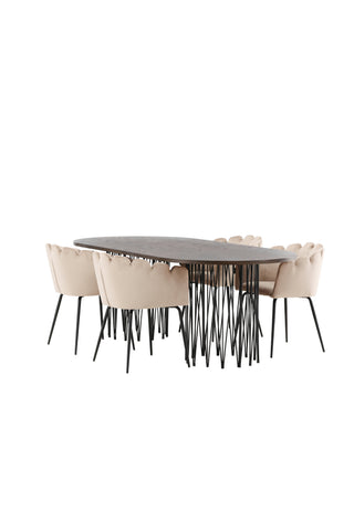 Venture Home Ovalt matbord i sten - Svart / Moccafaner +Limhamn Stol - Svart / Beige sammet _4