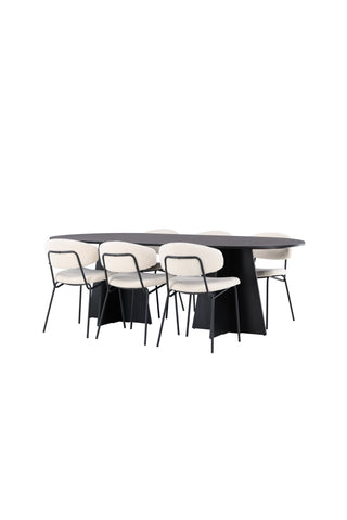 Venture Home Bootcut Ovalt matbord - Svart / Svart Fanéer +Chico Matstol - Svart / Vit Boucle _6