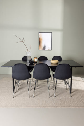 Venture Home Astrid Matbord 200*75 - Mattsvart / Mattsvart MDF med faner +Polar Matstol - Svart sammet / Krom _6