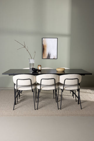 Venture Home Astrid Matbord 200*75 - Mattsvart / Mattsvart MDF med faner +Chico Matstol - Svart / Vit Boucle _6
