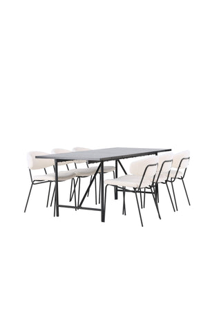 Venture Home Astrid Matbord 200*75 - Mattsvart / Mattsvart MDF med faner +Chico Matstol - Svart / Vit Boucle _6