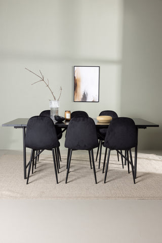 Venture Home Astrid Matbord 200*75 - Mattsvart / Mattsvart MDF med faner +Polar Matstol - Svarta ben / Svart sammet _6