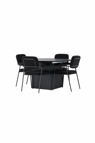 Venture Home Matilda Matbord φ130 - Svart / Svart MDF med faner +Yesterday Dining Chair - Svart / Svart Boucle _4