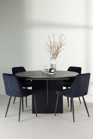 Venture Home Matilda Matbord φ130 - Svart / Svart MDF med faner + Nattmatstol - Svart / Svart sammet _4