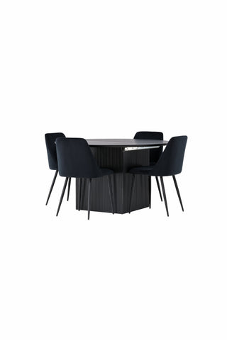 Venture Home Matilda Matbord φ130 - Svart / Svart MDF med faner + Nattmatstol - Svart / Svart sammet _4