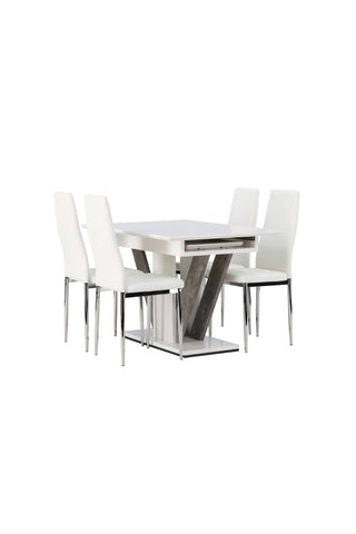 Venture Home Disa Matbord 120/160*80 - Vit / Grå MDF +Pastill Matstol - Silver / Vit PU _4
