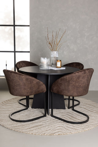 Venture Home Bootcut Runt Matbord - Svart / Svart Fanéer + Aftonmatsalsstol - Mattbrunt / Brunt Tyg _4