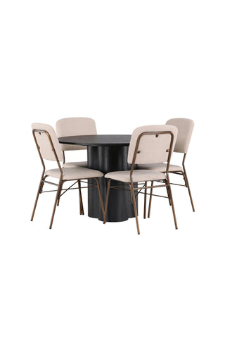 Venture Home Olivia Matbord - Svart / Svart Faner + Seda Matstol - Mattbrunt / Beige Tyg _4